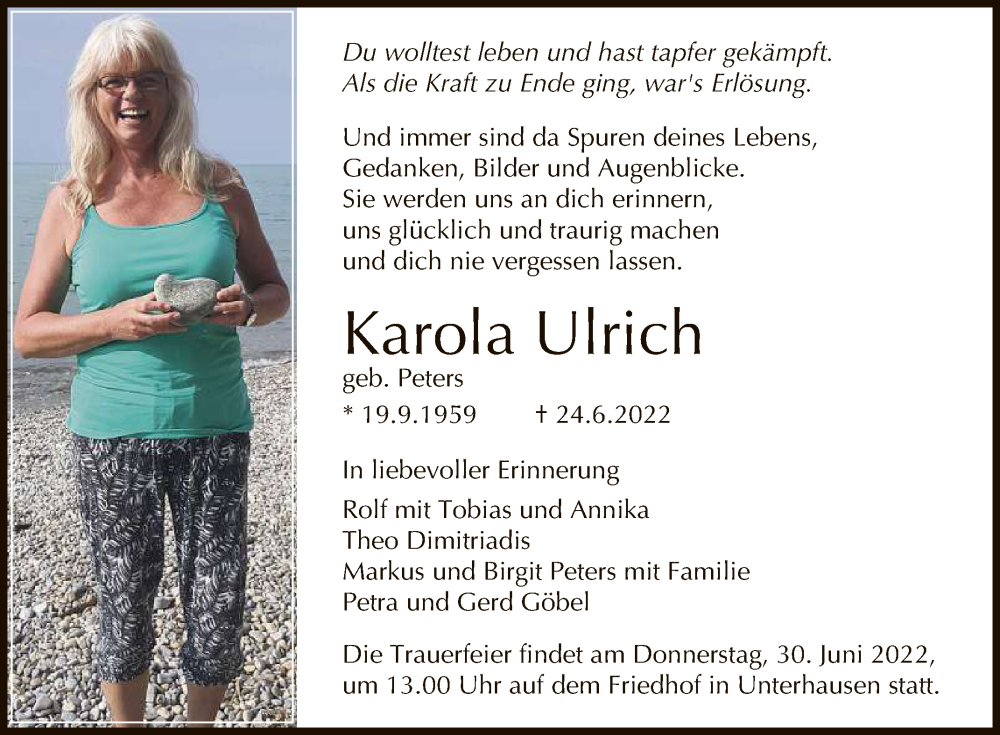  Traueranzeige für Karola Ulrich vom 28.06.2022 aus Reutlinger General-Anzeiger
