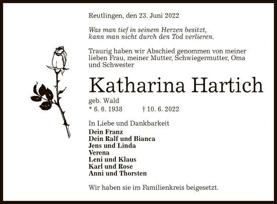 Anzeige von Katharina Hartich von Reutlinger General-Anzeiger