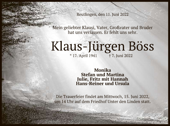 Anzeige von Klaus-Jürgen Böss von Reutlinger General-Anzeiger