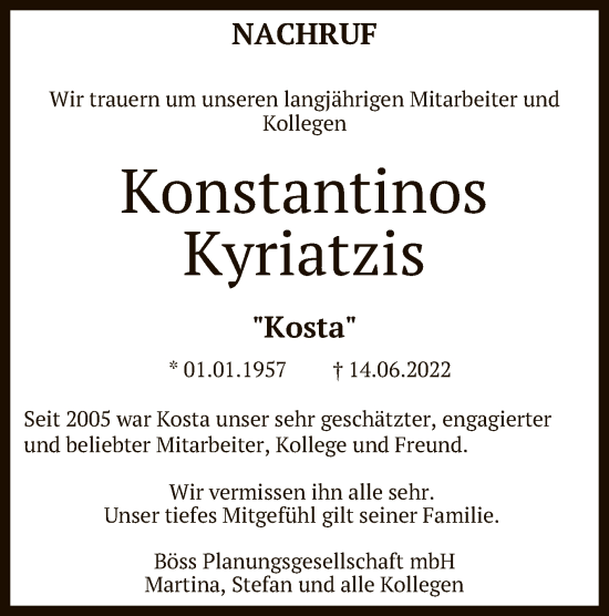 Anzeige von Konstantinos Kyriatzis von Reutlinger General-Anzeiger