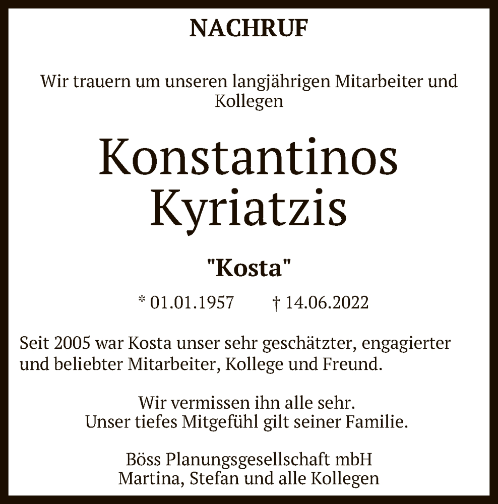  Traueranzeige für Konstantinos Kyriatzis vom 21.06.2022 aus Reutlinger General-Anzeiger