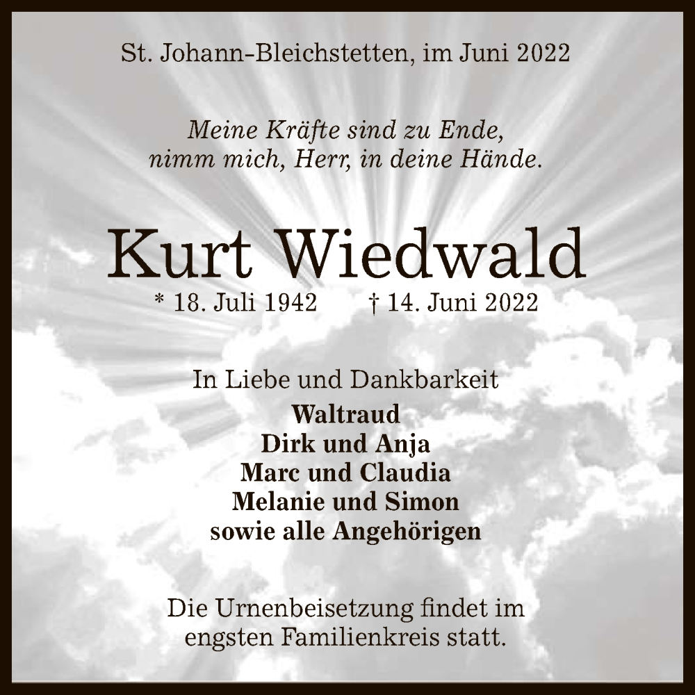  Traueranzeige für Kurt Wiedwald vom 18.06.2022 aus Reutlinger General-Anzeiger