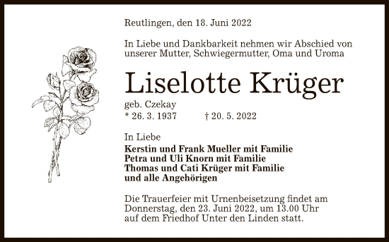 Anzeige von Liselotte Krüger von Reutlinger General-Anzeiger