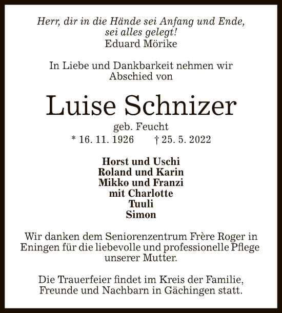 Anzeige von Luise Schnizer von Reutlinger General-Anzeiger