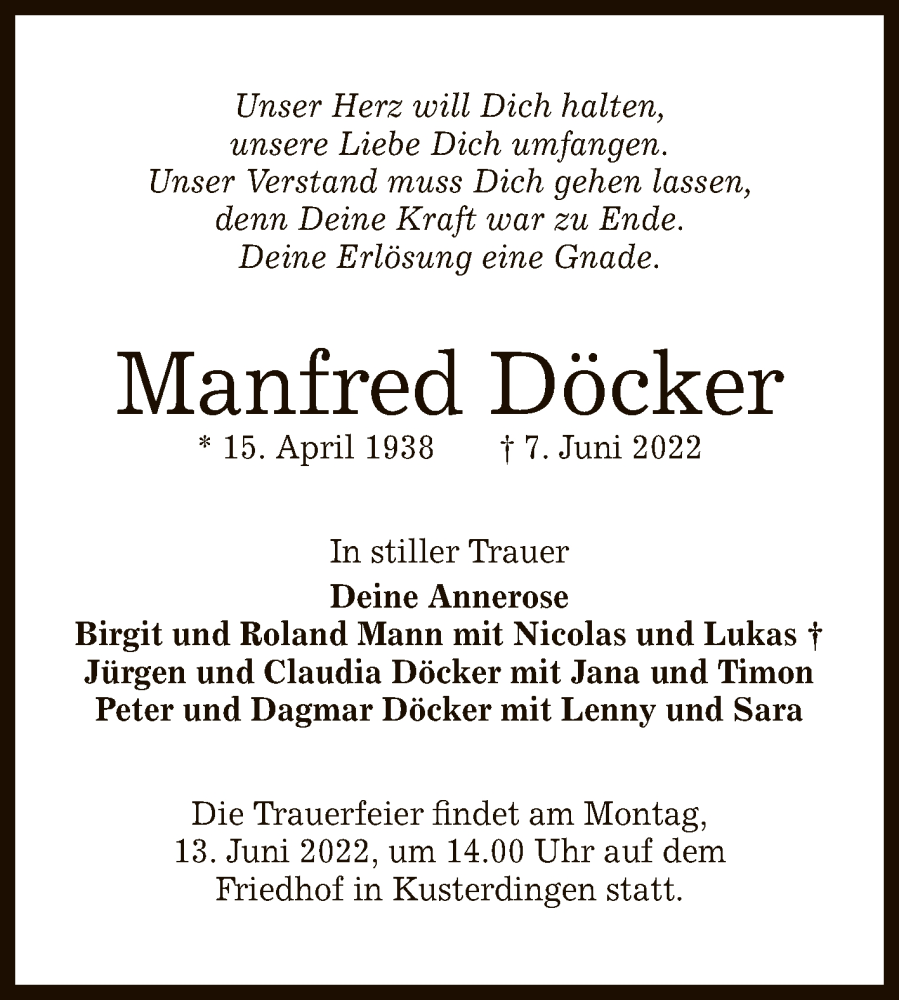  Traueranzeige für Manfred Döcker vom 10.06.2022 aus Reutlinger General-Anzeiger