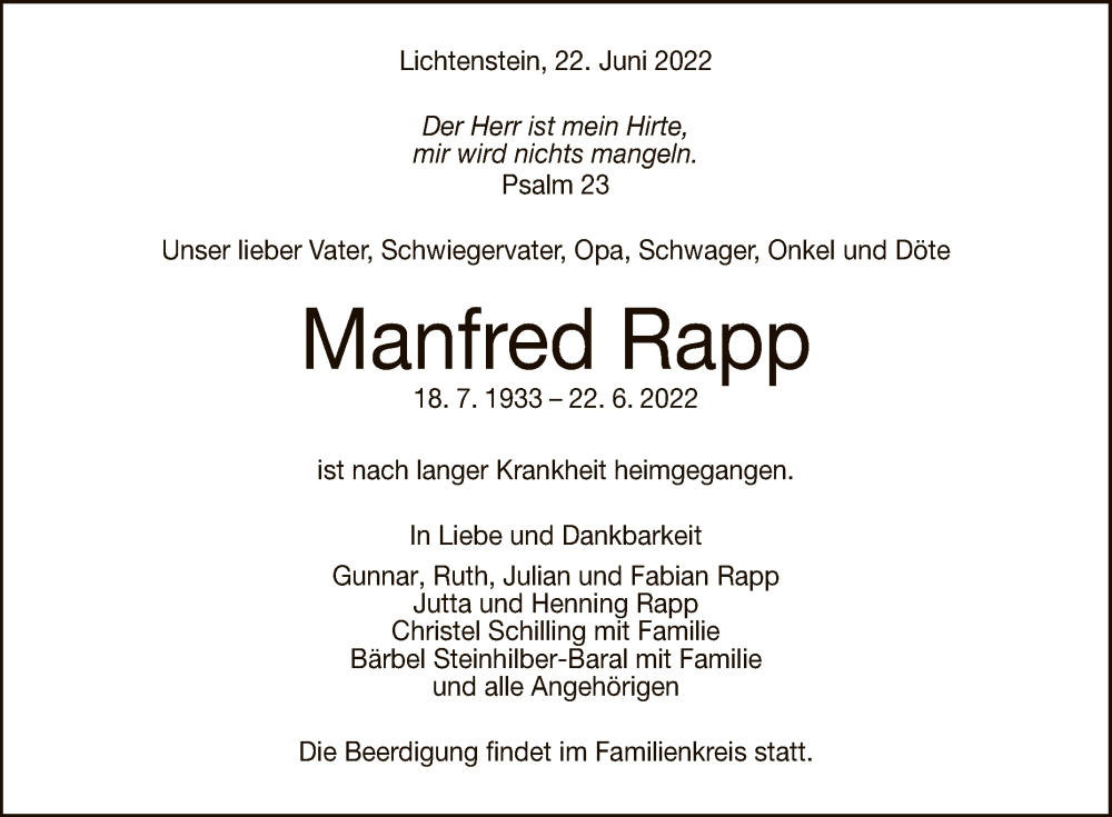  Traueranzeige für Manfred Rapp vom 25.06.2022 aus Reutlinger General-Anzeiger