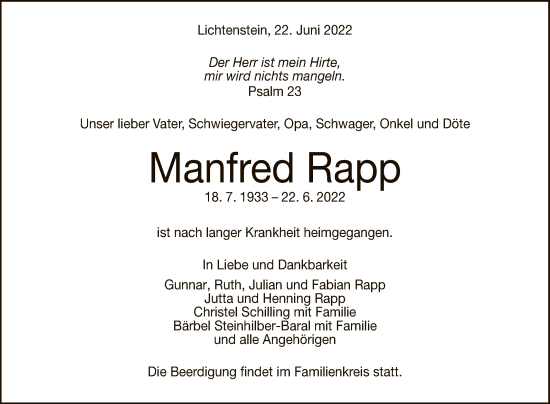 Anzeige von Manfred Rapp von Reutlinger General-Anzeiger