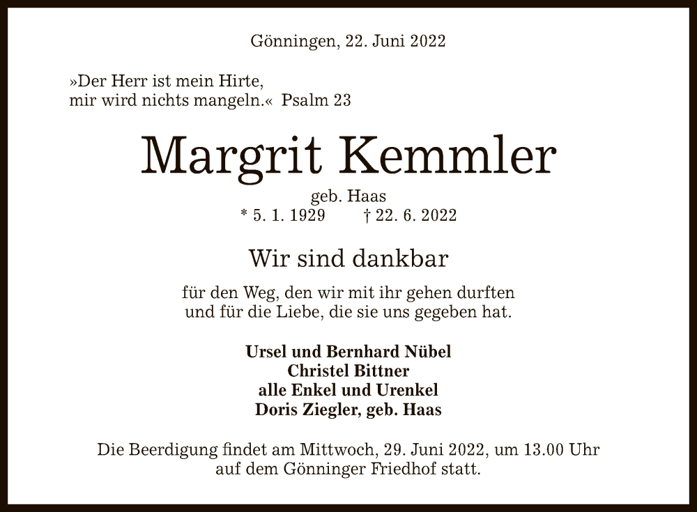  Traueranzeige für Margrit Kemmler vom 25.06.2022 aus Reutlinger General-Anzeiger