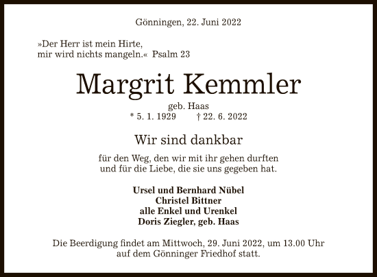 Anzeige von Margrit Kemmler von Reutlinger General-Anzeiger