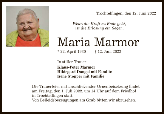 Anzeige von Maria Marmor von Reutlinger General-Anzeiger
