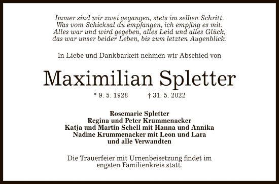 Anzeige von Maximilian Spletter von Reutlinger General-Anzeiger