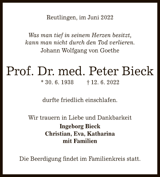 Anzeige von Peter Bieck von Reutlinger General-Anzeiger