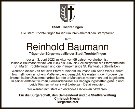 Anzeige von Reinhold Baumann von Reutlinger General-Anzeiger