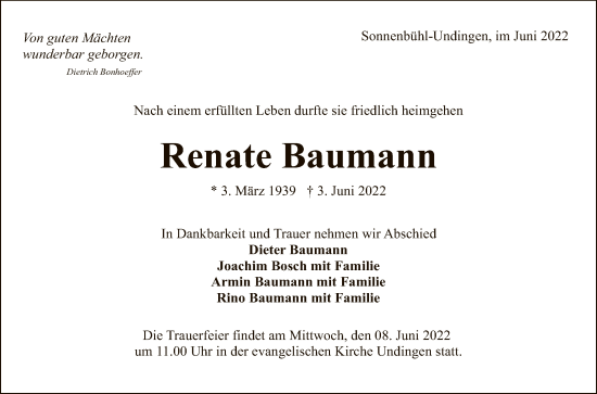 Anzeige von Renate Baumann von Reutlinger General-Anzeiger