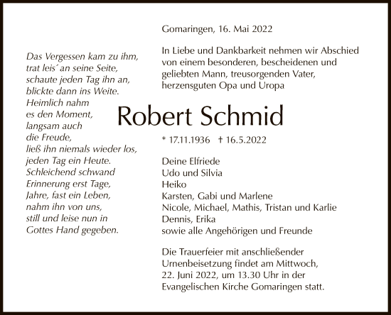 Anzeige von Robert Schmid von Reutlinger General-Anzeiger