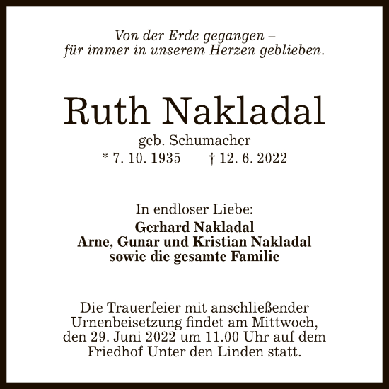 Anzeige von Ruth Nakladal von Reutlinger General-Anzeiger