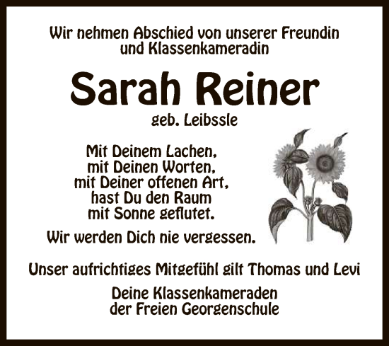 Anzeige von Sarah Reiner von Reutlinger General-Anzeiger