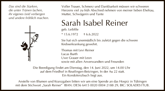 Anzeige von Sarah Isabel Reiner von Reutlinger General-Anzeiger
