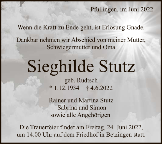 Anzeige von Sieghilde Stutz von Reutlinger General-Anzeiger