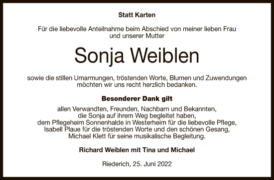 Anzeige von Sonja Weiblen von Reutlinger General-Anzeiger