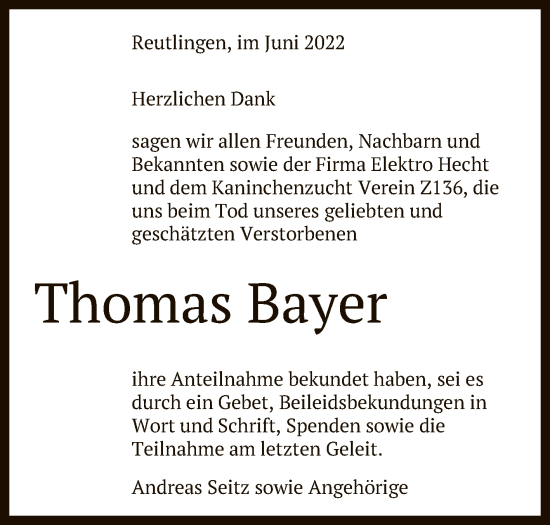 Anzeige von Thomas Bayer von Reutlinger General-Anzeiger