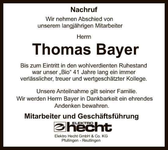 Anzeige von Thomas Bayer von Reutlinger General-Anzeiger