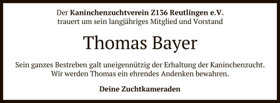 Anzeige von Thomas Bayer von Reutlinger General-Anzeiger