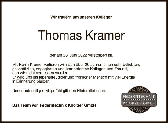 Anzeige von Thomas Kramer von Reutlinger General-Anzeiger