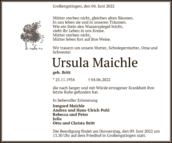 Anzeige von Ursula Maichle von Reutlinger General-Anzeiger