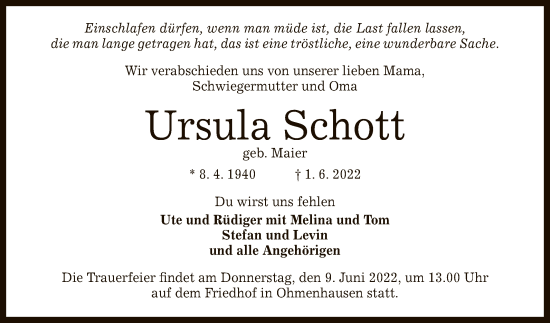 Anzeige von Ursula Schott von Reutlinger General-Anzeiger