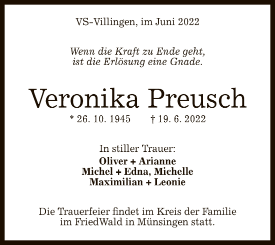 Anzeige von Veronika Preusch von Reutlinger General-Anzeiger