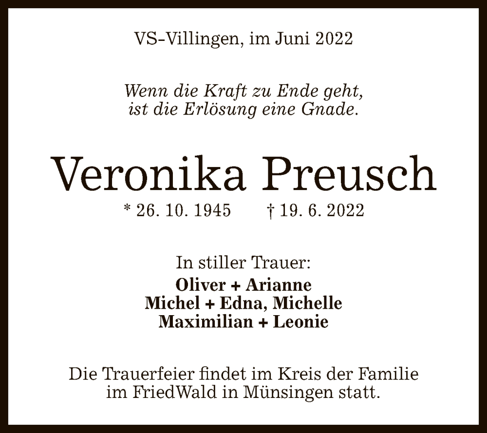  Traueranzeige für Veronika Preusch vom 23.06.2022 aus Reutlinger General-Anzeiger