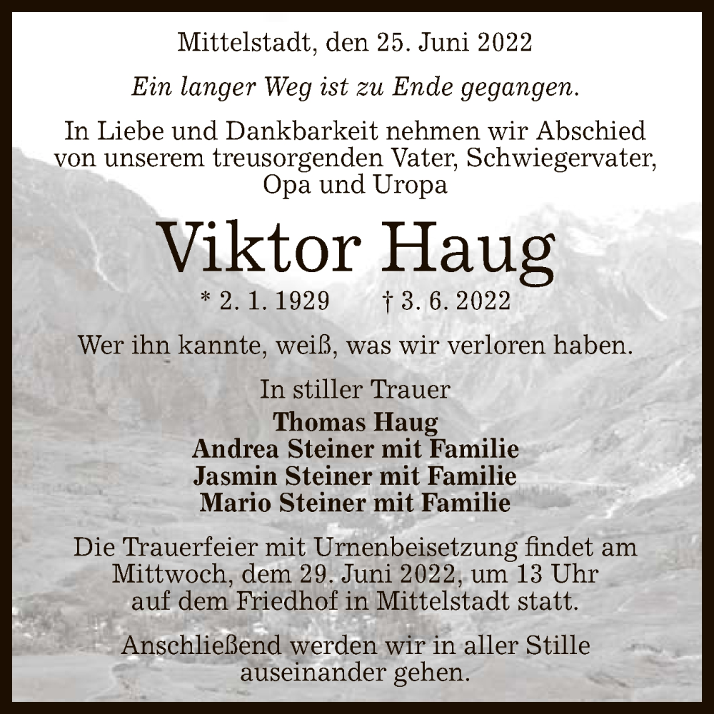  Traueranzeige für Viktor Haug vom 25.06.2022 aus Reutlinger General-Anzeiger