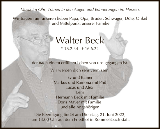 Anzeige von Walter Beck von Reutlinger General-Anzeiger