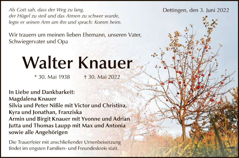  Traueranzeige für Walter Knauer vom 03.06.2022 aus Reutlinger General-Anzeiger