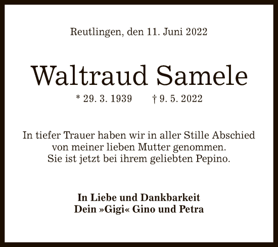 Anzeige von Waltraud Samele von Reutlinger General-Anzeiger
