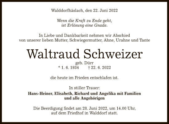 Anzeige von Waltraud Schweizer von Reutlinger General-Anzeiger