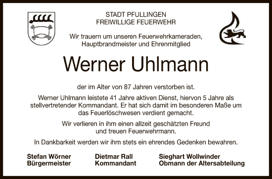 Anzeige von Werner Uhlmann von Reutlinger General-Anzeiger