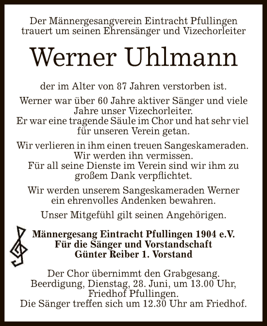 Anzeige von Werner Uhlmann von Reutlinger General-Anzeiger