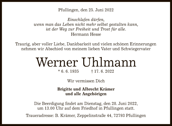Anzeige von Werner Uhlmann von Reutlinger General-Anzeiger