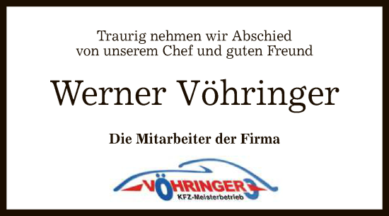 Anzeige von Werner Vöhringer von Reutlinger General-Anzeiger