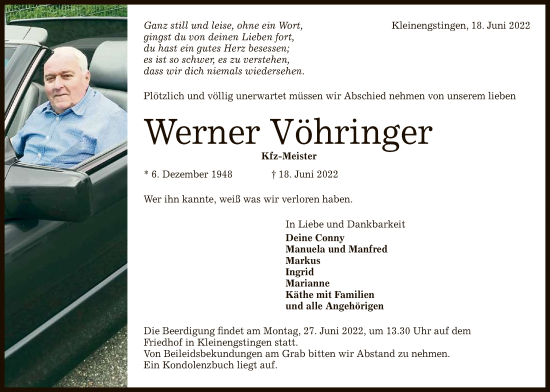 Anzeige von Werner Vöhringer von Reutlinger General-Anzeiger