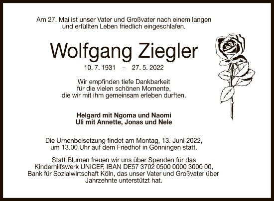 Anzeige von Wolfgang Ziegler von Reutlinger General-Anzeiger