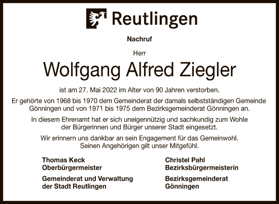 Anzeige von Wolfgang Alfred Ziegler von Reutlinger General-Anzeiger