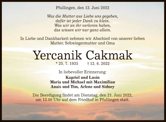 Anzeige von Yercanik Cakmak von Reutlinger General-Anzeiger