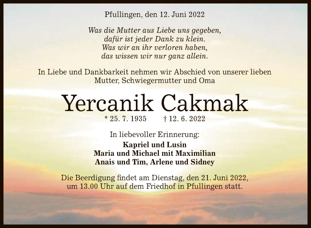 Traueranzeige für Yercanik Cakmak vom 15.06.2022 aus Reutlinger General-Anzeiger