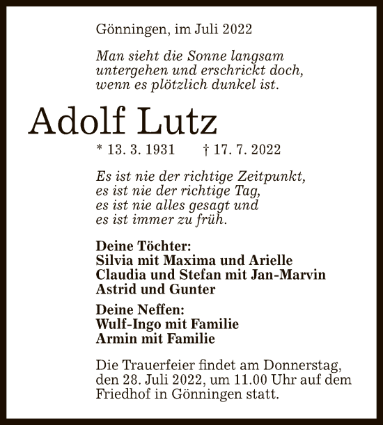 Anzeige von Adolf Lutz von Reutlinger General-Anzeiger