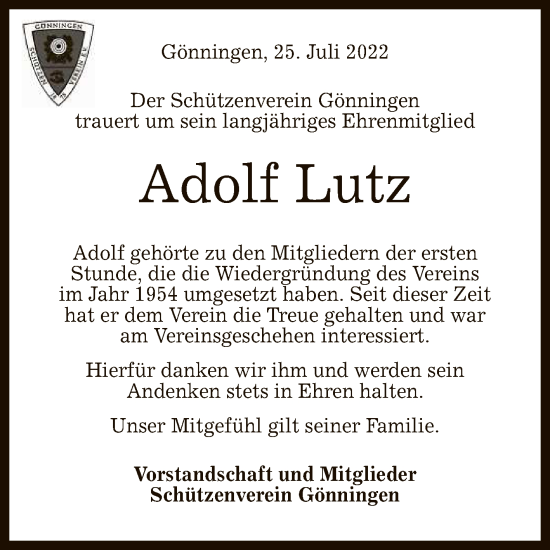 Anzeige von Adolf Lutz von Reutlinger General-Anzeiger