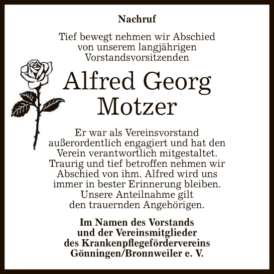 Anzeige von Alfred Georg Motzer von Reutlinger General-Anzeiger