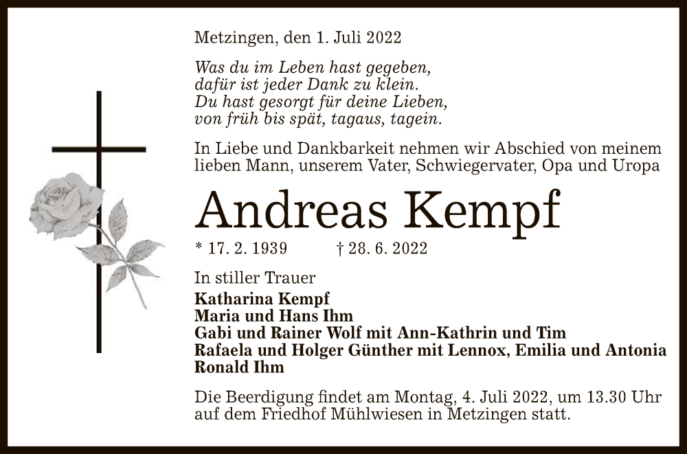  Traueranzeige für Andreas Kempf vom 01.07.2022 aus Reutlinger General-Anzeiger